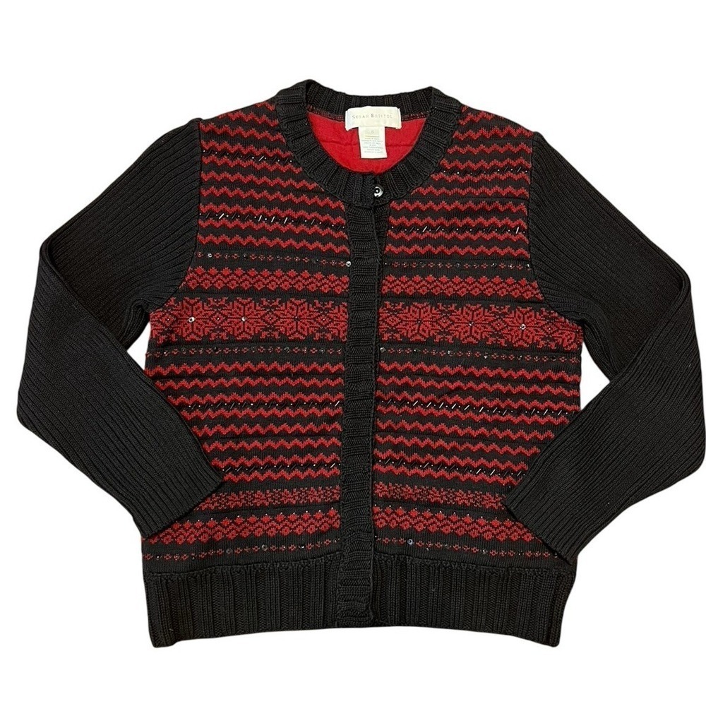 Susan Bristol Red And Black Button up 100% Cotton Quilted Lined Cardigan Sz S